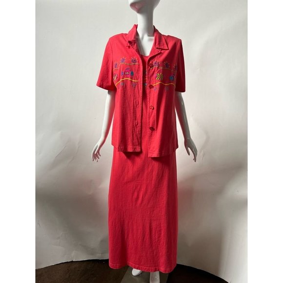 Fine Line Womens Shift Dress Jacket Set Multicolor Fish Embroidered Cotton M - Picture 1 of 12